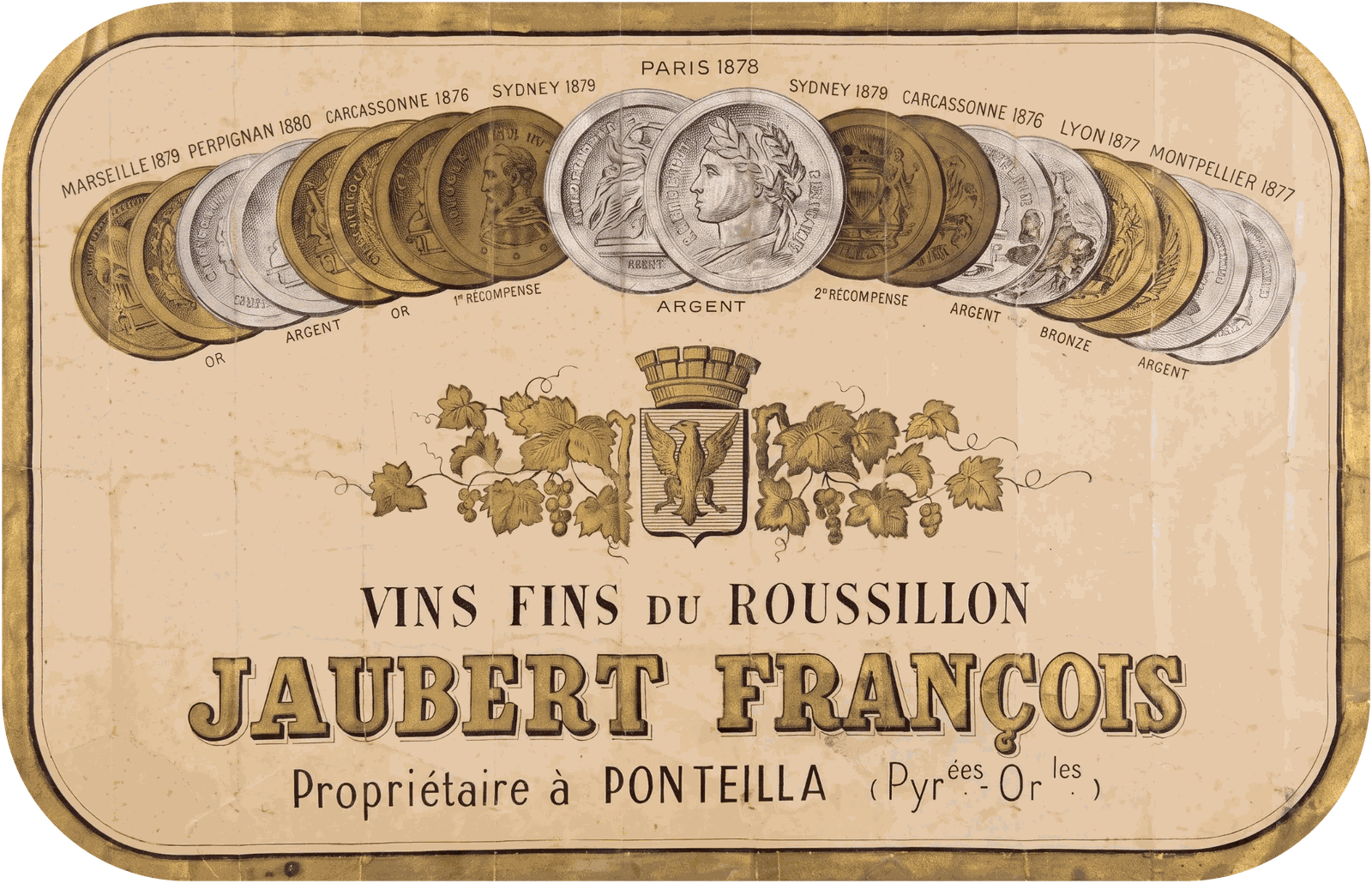 Affiche d’époque « Vins fins du Roussillon — Jaubert François, propriétaire à Ponteilla », ornée des médailles des expositions
